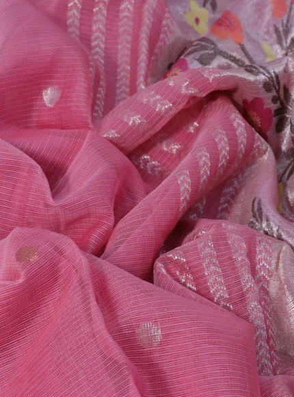 Pure zari kota silk saree peach pink and pink with silver & gold zari woven buttas and silver zari woven border