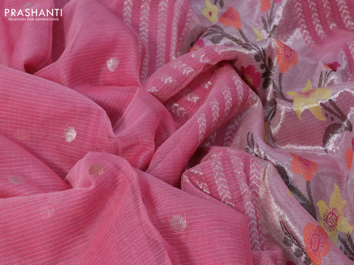 Pure zari kota silk saree peach pink and pink with silver & gold zari woven buttas and silver zari woven border