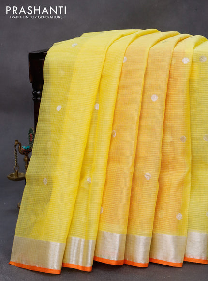 Pure zari kota silk saree yellow and orange with thread & silver zari woven buttas and silver zari woven border