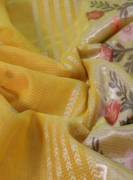 Pure zari kota silk saree yellow and orange with thread & silver zari woven buttas and silver zari woven border