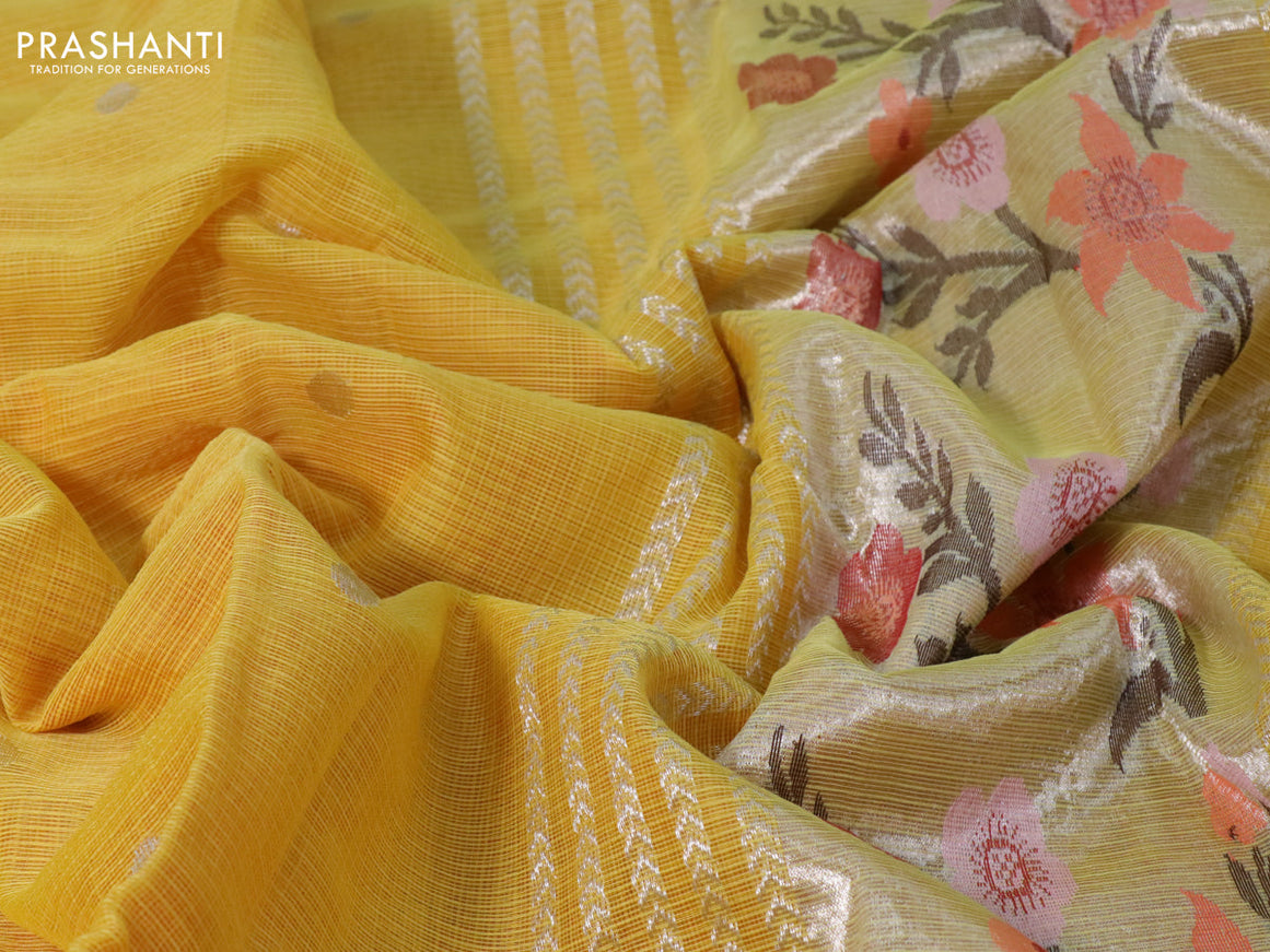 Pure zari kota silk saree yellow and orange with thread & silver zari woven buttas and silver zari woven border