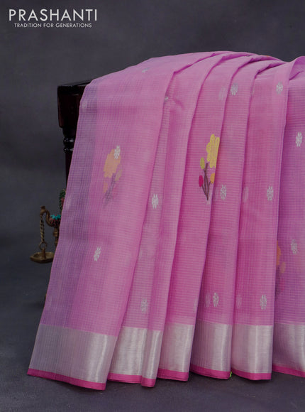 Pure zari kota silk saree light pink with thread & silver zari woven buttas and silver zari woven border