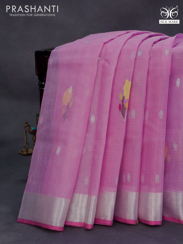 Pure zari kota silk saree light pink with thread & silver zari woven buttas and silver zari woven border