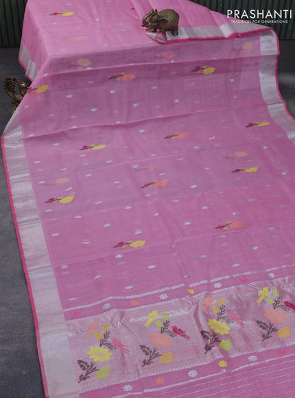 Pure zari kota silk saree light pink with thread & silver zari woven buttas and silver zari woven border