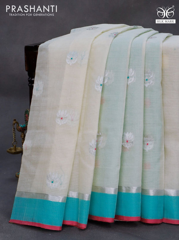 Pure zari kota silk saree pastel green and teal blue with silver zari woven buttas and silver zari woven simple border