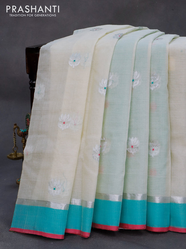 Pure zari kota silk saree pastel green and teal blue with silver zari woven buttas and silver zari woven simple border