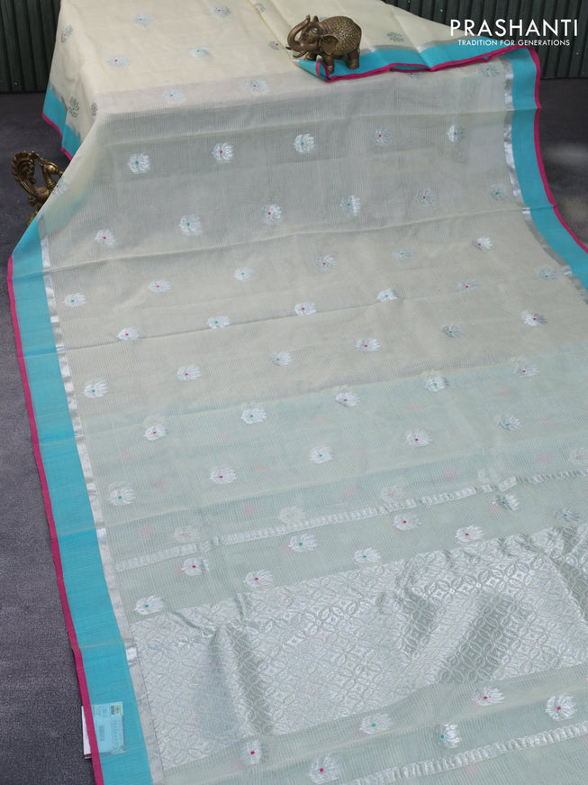 Pure zari kota silk saree pastel green and teal blue with silver zari woven buttas and silver zari woven simple border