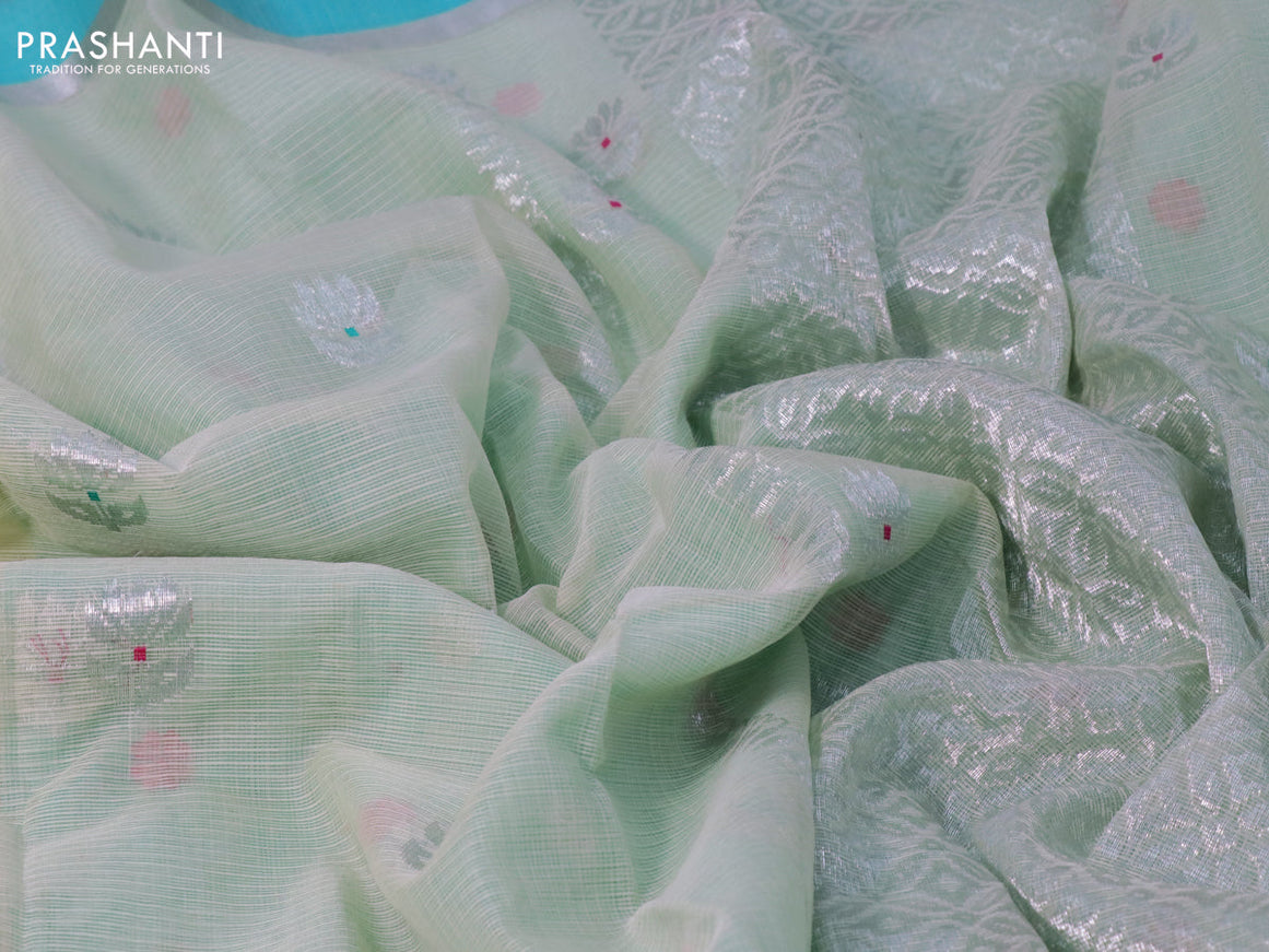 Pure zari kota silk saree pastel green and teal blue with silver zari woven buttas and silver zari woven simple border