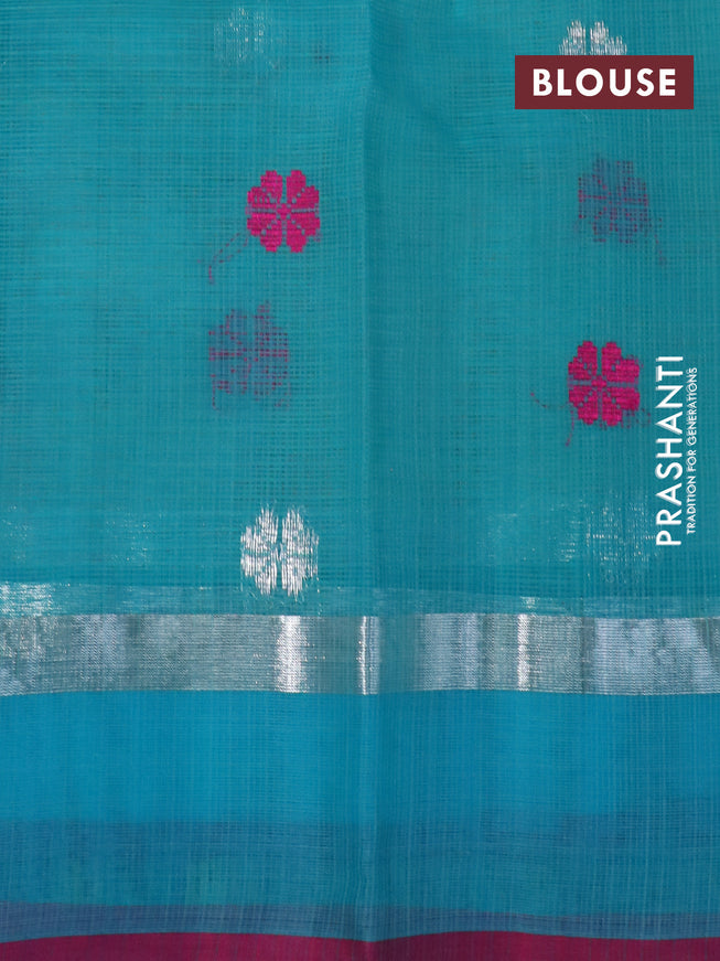 Pure zari kota silk saree pastel green and teal blue with silver zari woven buttas and silver zari woven simple border