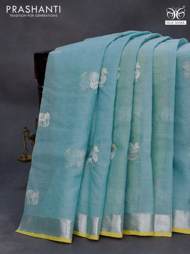 Pure zari kota silk saree light blue and yellow with silver zari woven buttas and silver zari woven border