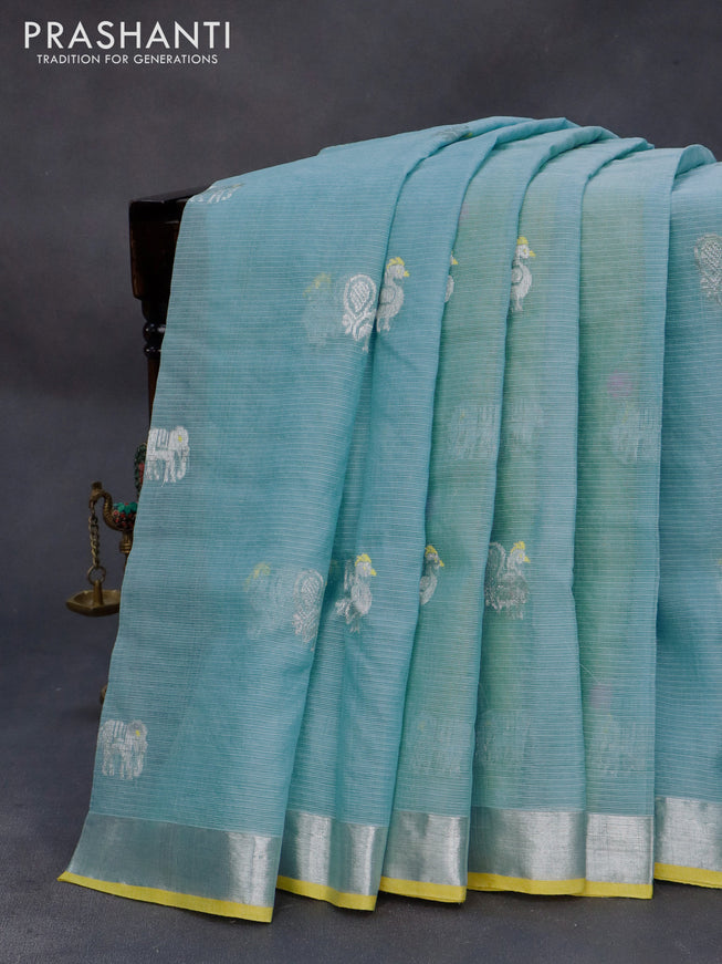 Pure zari kota silk saree light blue and yellow with silver zari woven buttas and silver zari woven border