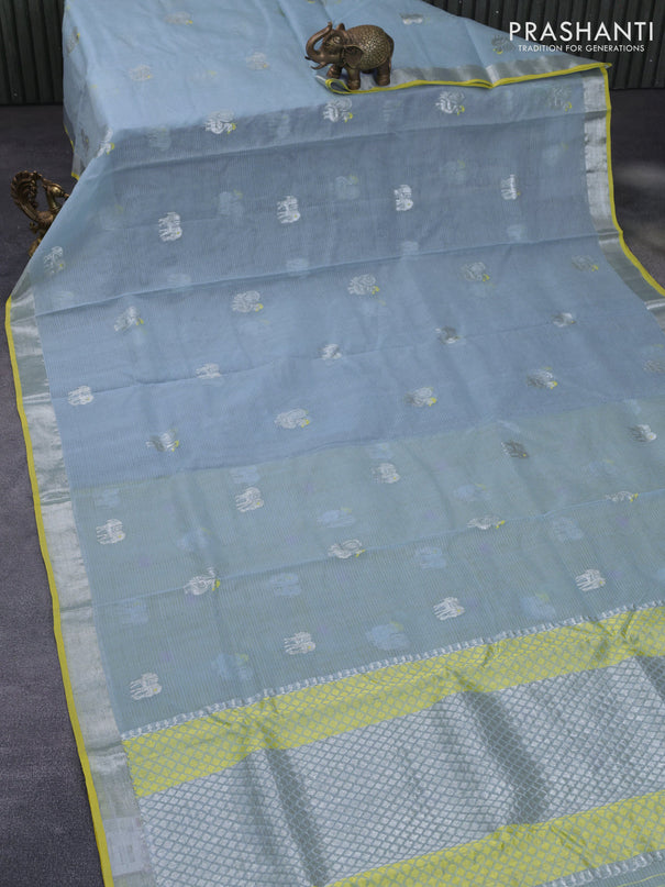 Pure zari kota silk saree light blue and yellow with silver zari woven buttas and silver zari woven border