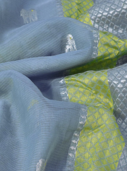 Pure zari kota silk saree light blue and yellow with silver zari woven buttas and silver zari woven border