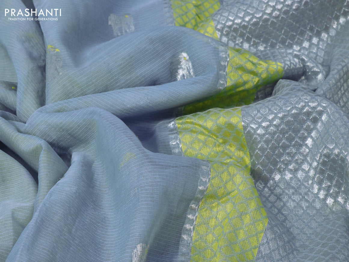 Pure zari kota silk saree light blue and yellow with silver zari woven buttas and silver zari woven border