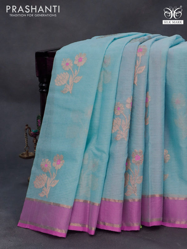 Pure zari kota silk saree pastel blue and pink with floral zari woven buttas and rettapet zari woven border