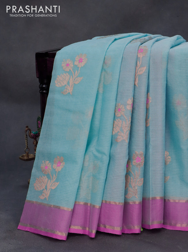 Pure zari kota silk saree pastel blue and pink with floral zari woven buttas and rettapet zari woven border