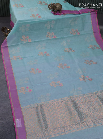 Pure zari kota silk saree pastel blue and pink with floral zari woven buttas and rettapet zari woven border