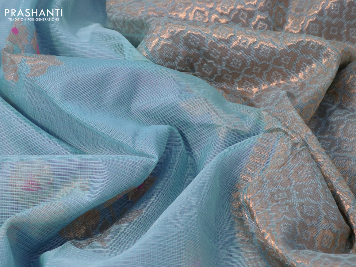 Pure zari kota silk saree pastel blue and pink with floral zari woven buttas and rettapet zari woven border