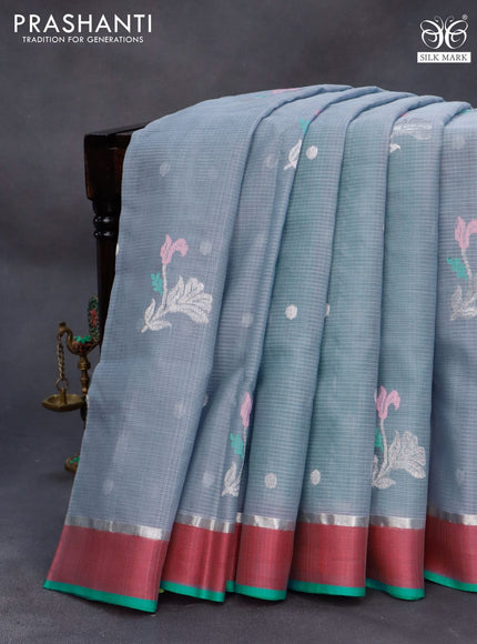 Pure zari kota silk saree grey and teal blue pink with silver zari woven buttas and silver zari woven simple border