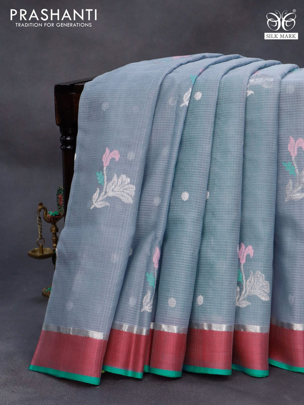 Pure zari kota silk saree grey and teal blue pink with silver zari woven buttas and silver zari woven simple border