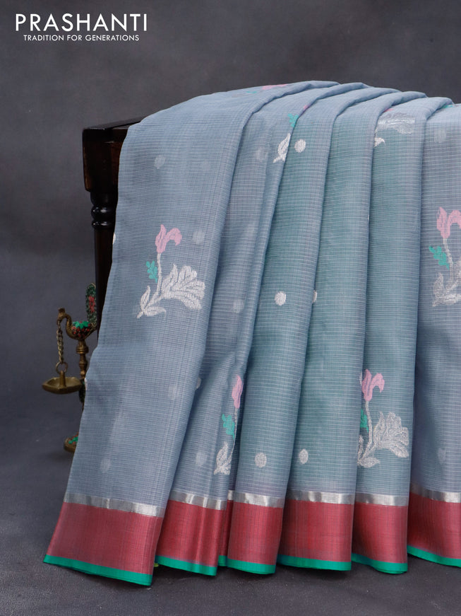 Pure zari kota silk saree grey and teal blue pink with silver zari woven buttas and silver zari woven simple border