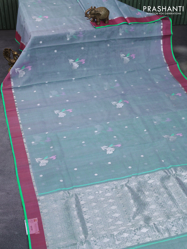 Pure zari kota silk saree grey and teal blue pink with silver zari woven buttas and silver zari woven simple border