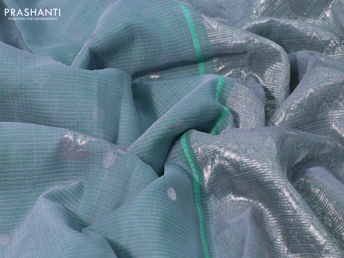 Pure zari kota silk saree grey and teal blue pink with silver zari woven buttas and silver zari woven simple border