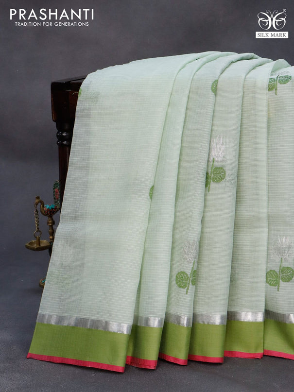 Pure zari kota silk saree pastel green shade and green with thread & silver zari woven buttas and silver zari woven simple border