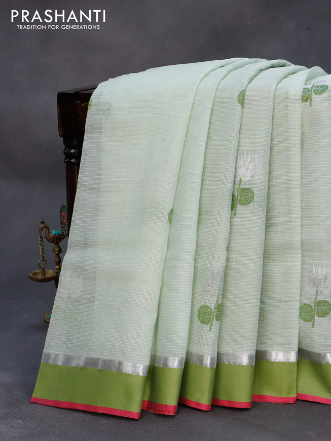 Pure zari kota silk saree pastel green shade and green with thread & silver zari woven buttas and silver zari woven simple border