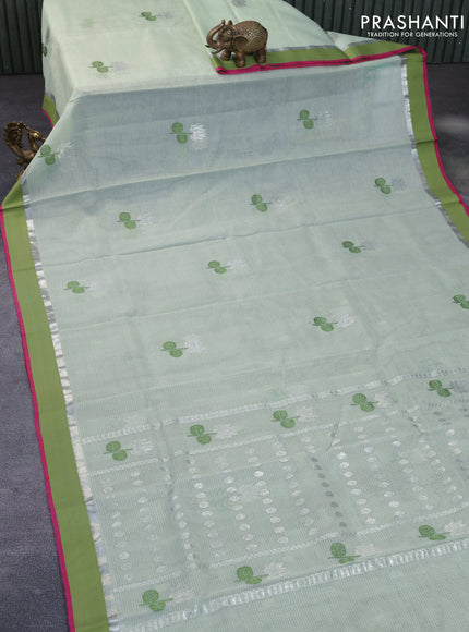 Pure zari kota silk saree pastel green shade and green with thread & silver zari woven buttas and silver zari woven simple border