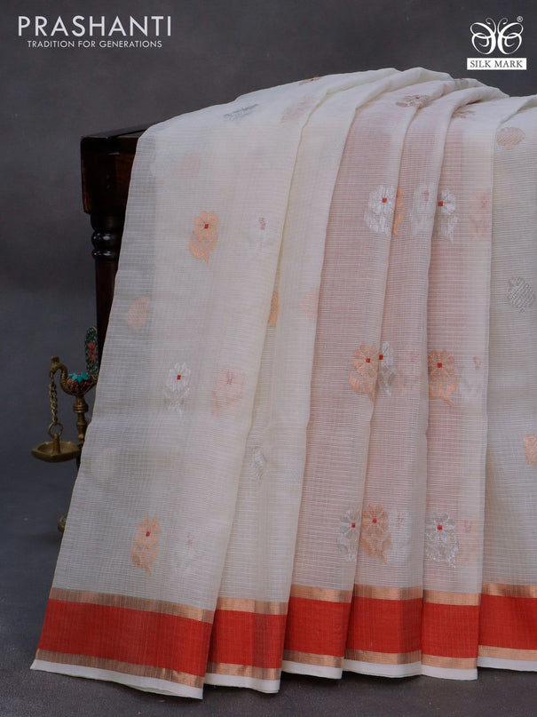 Pure zari kota silk saree off white and maroon with allover zari weaves & buttas and rettapet zari woven border