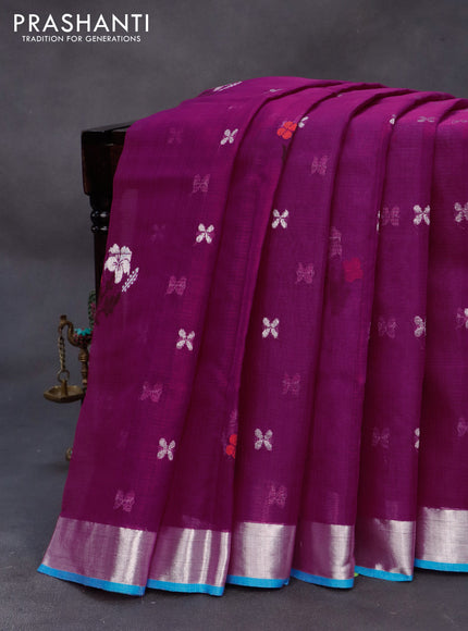 Pure zari kota silk saree magenta pink and blue with thread & silver zari woven floral buttas and silver zari woven border