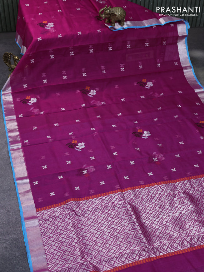 Pure zari kota silk saree magenta pink and blue with thread & silver zari woven floral buttas and silver zari woven border