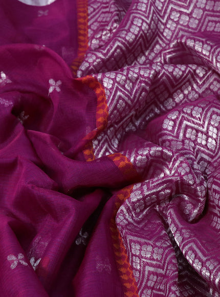 Pure zari kota silk saree magenta pink and blue with thread & silver zari woven floral buttas and silver zari woven border