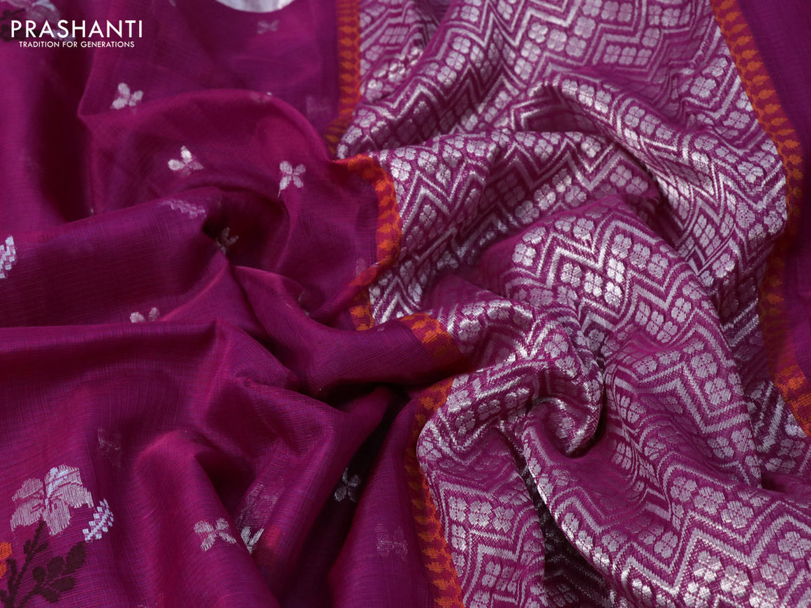 Pure zari kota silk saree magenta pink and blue with thread & silver zari woven floral buttas and silver zari woven border