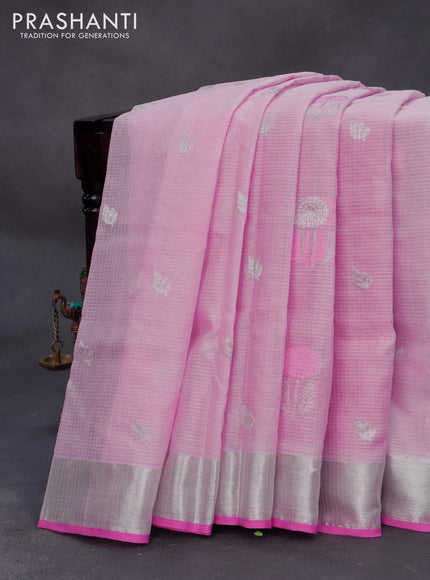 Pure zari kota silk saree baby pink and pink with thread & silver zari woven floral buttas and silver zari woven border