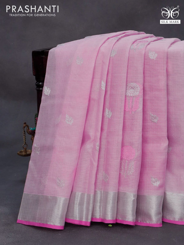 Pure zari kota silk saree baby pink and pink with thread & silver zari woven floral buttas and silver zari woven border