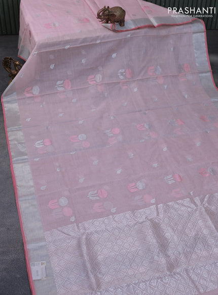 Pure zari kota silk saree baby pink and pink with thread & silver zari woven floral buttas and silver zari woven border