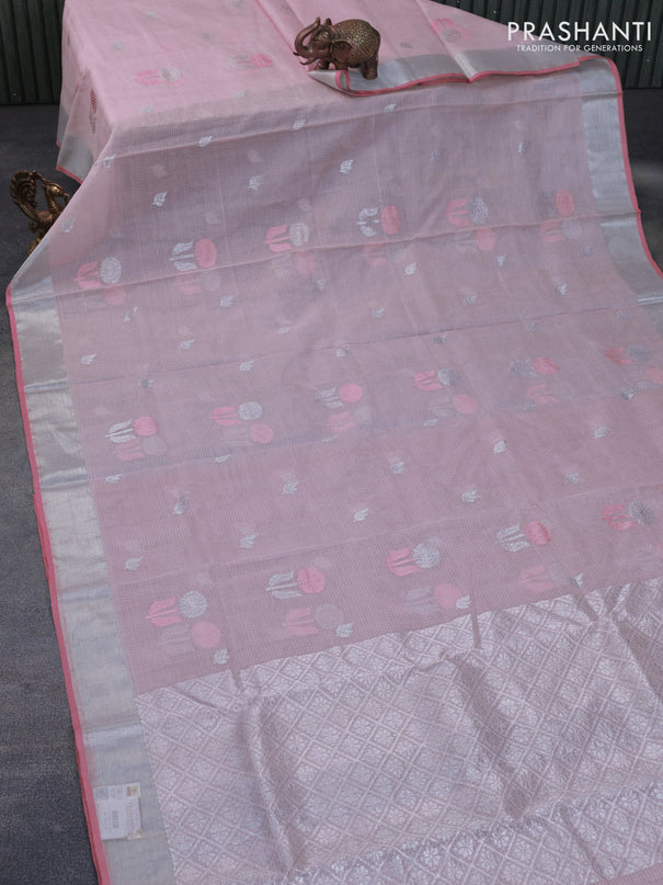 Pure zari kota silk saree baby pink and pink with thread & silver zari woven floral buttas and silver zari woven border