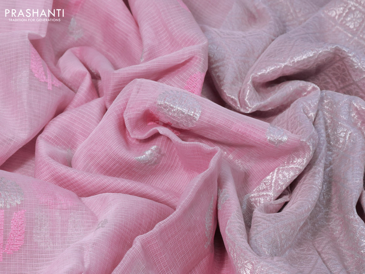 Pure zari kota silk saree baby pink and pink with thread & silver zari woven floral buttas and silver zari woven border