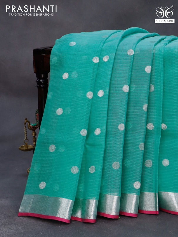 Pure zari kota silk saree pastel blue and pink with silver zari woven coin buttas and silver zari woven border