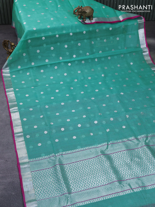 Pure zari kota silk saree pastel blue and pink with silver zari woven coin buttas and silver zari woven border