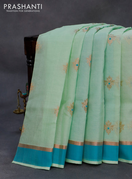 Pure zari kota silk saree pastel green and cs blue with thread & zari woven buttas and zari woven simple border