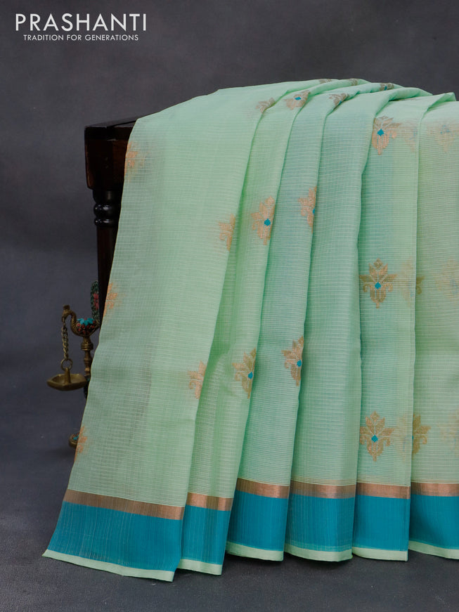 Pure zari kota silk saree pastel green and cs blue with thread & zari woven buttas and zari woven simple border