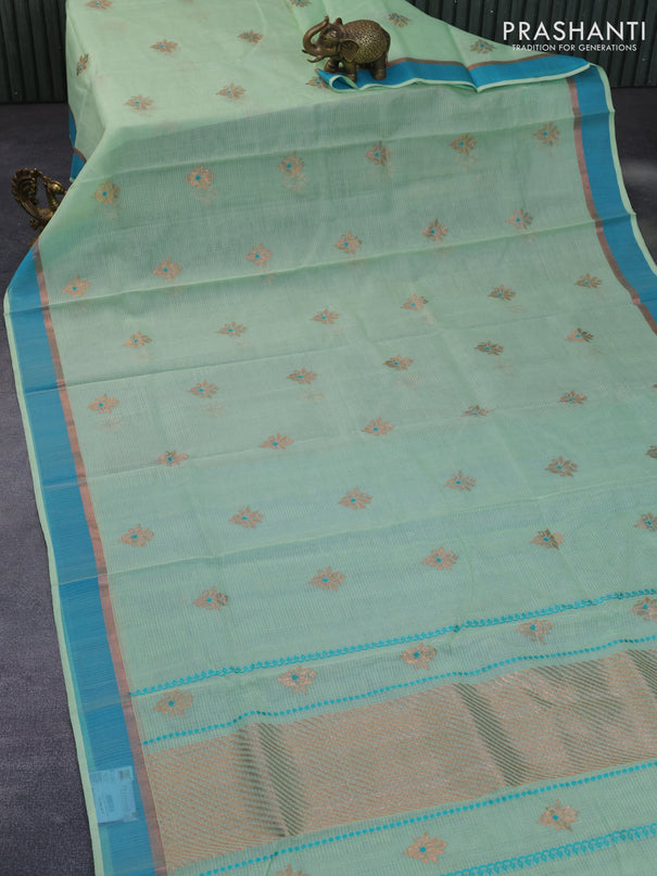 Pure zari kota silk saree pastel green and cs blue with thread & zari woven buttas and zari woven simple border