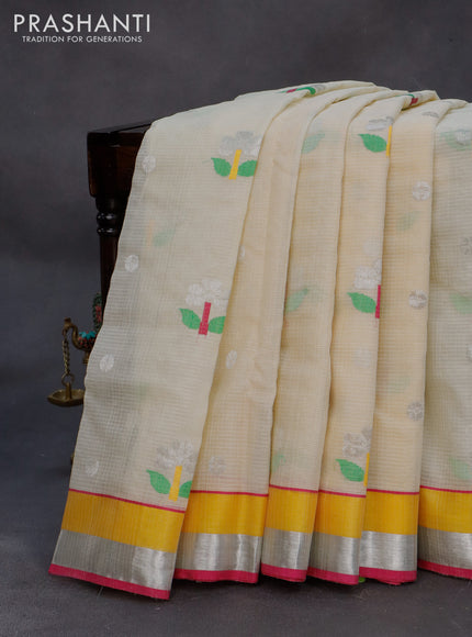 Pure zari kota silk saree cream and yellow with thread & silver zari woven floral buttas and silver zari woven border