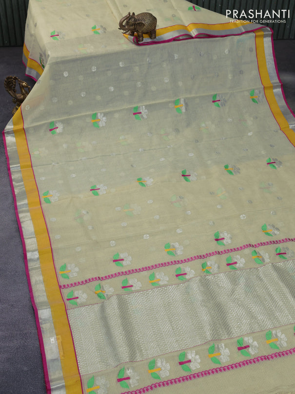 Pure zari kota silk saree cream and yellow with thread & silver zari woven floral buttas and silver zari woven border