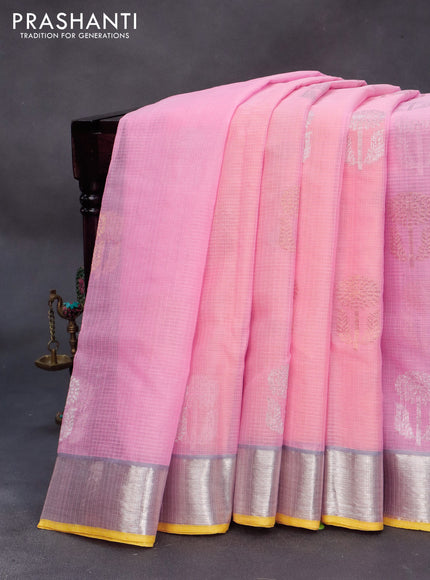 Pure zari kota silk saree peach pink and yellow with silver & gold zari woven floral buttas and silver zari woven border