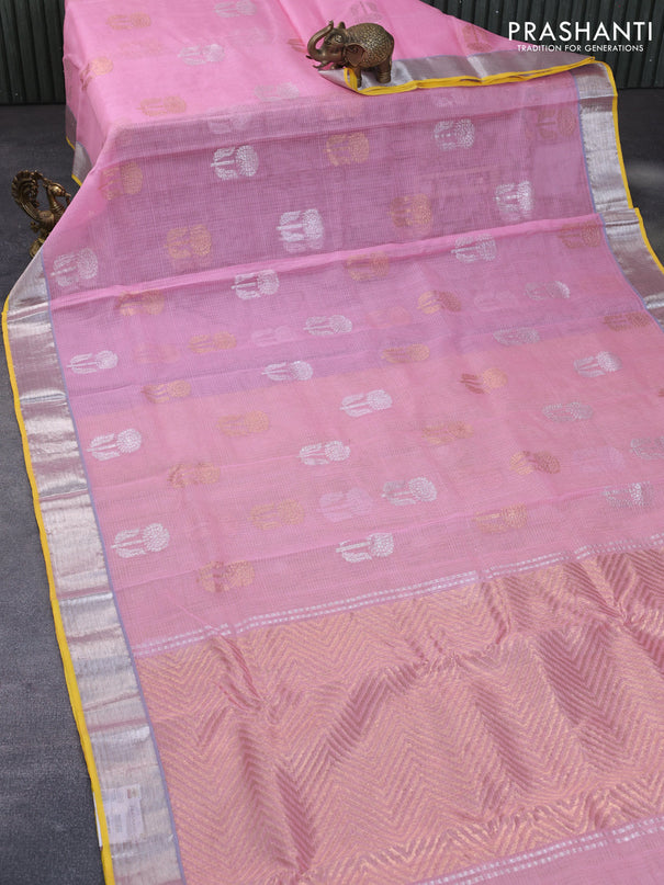 Pure zari kota silk saree peach pink and yellow with silver & gold zari woven floral buttas and silver zari woven border