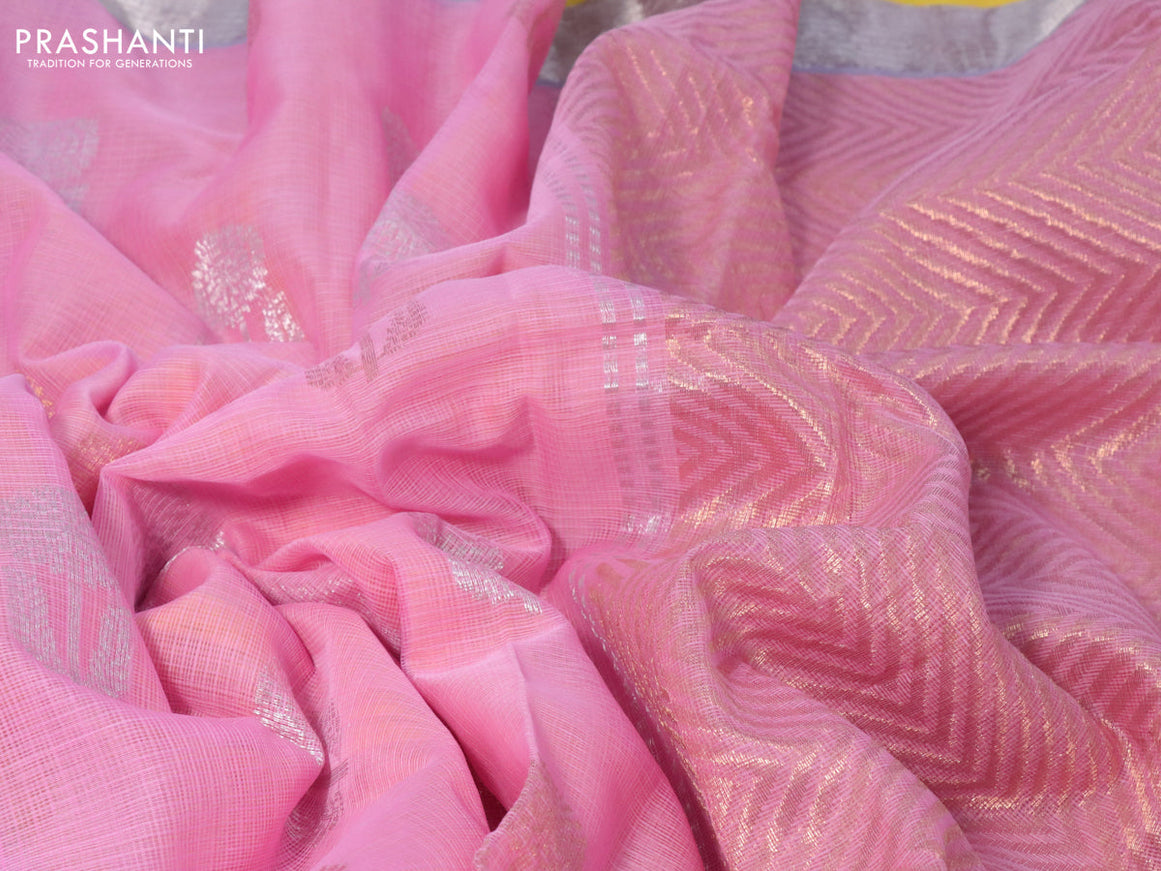 Pure zari kota silk saree peach pink and yellow with silver & gold zari woven floral buttas and silver zari woven border